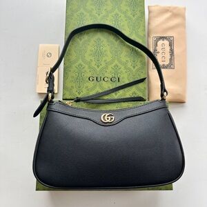 Gucci Black Leather Shoulder Bag with Gold GG Hardware